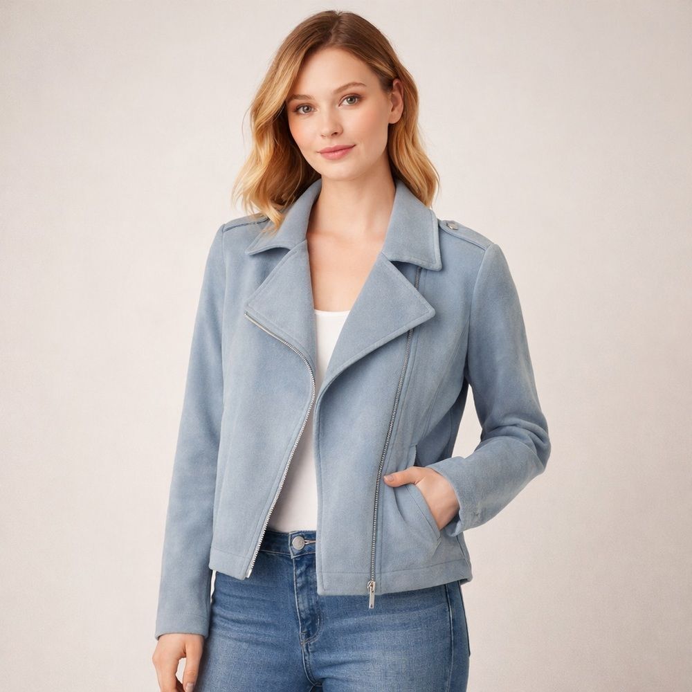 LC Lauren Conrad Moto Jacket | Soft Faux Suede Blue | Small | Classic Chic